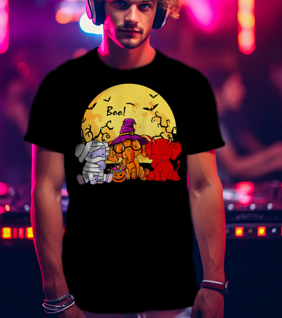 Boo Three Elephants Halloween Costume Party With Moon And Bats T-Shirt