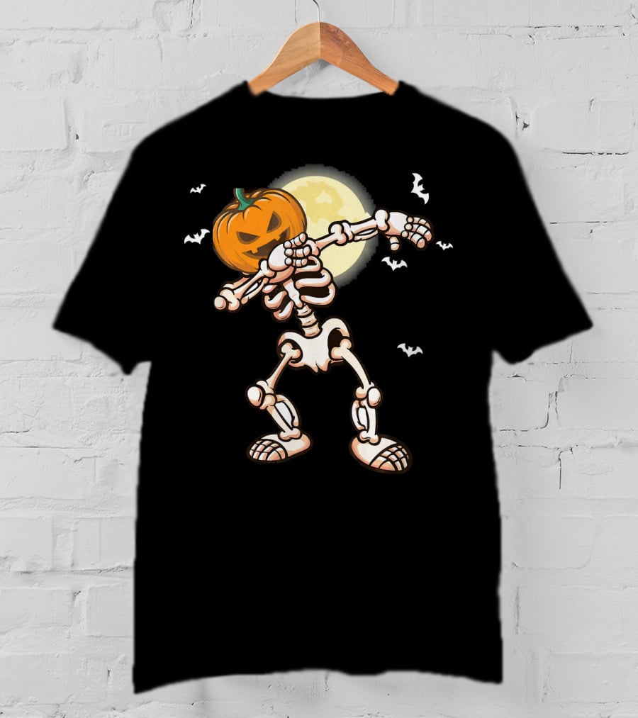 Skeleton Dabbing With Pumpkin Head And Bats T-Shirt