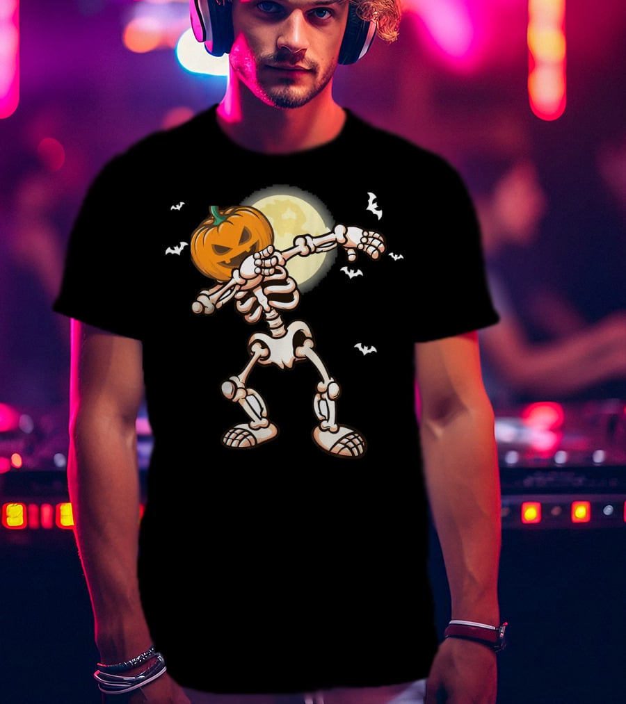 Skeleton Dabbing With Pumpkin Head And Bats T-Shirt