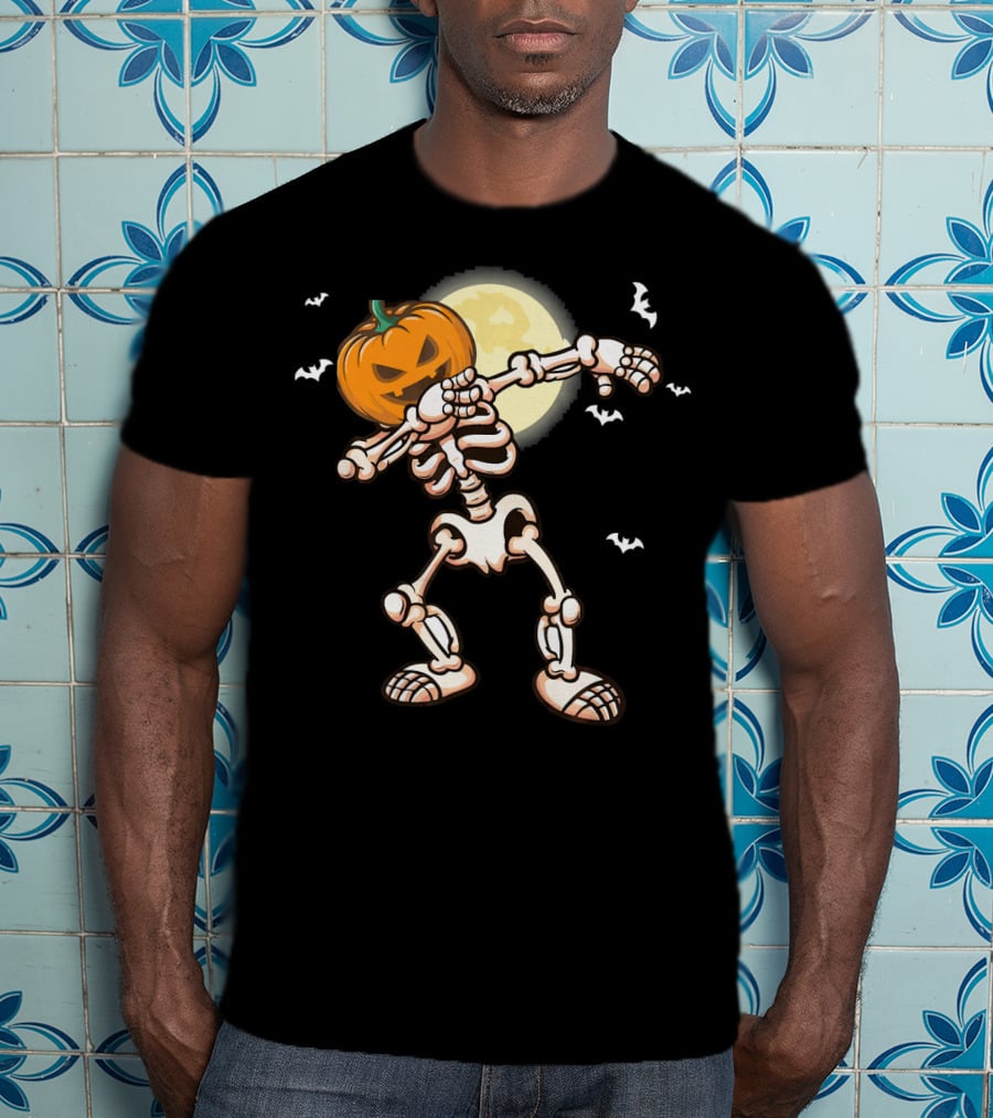 Skeleton Dabbing With Pumpkin Head And Bats T-Shirt
