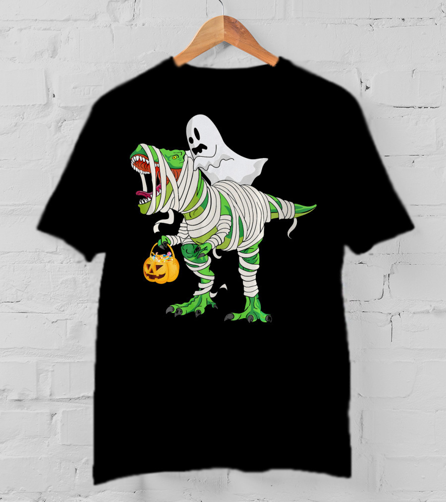 Ghost Mummy Riding T-Rex Trick Or Treat T-Shirt