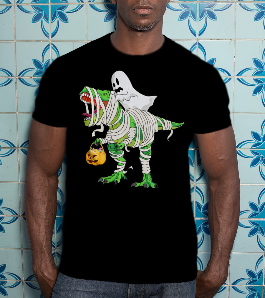 Ghost Mummy Riding T-Rex Trick Or Treat T-Shirt