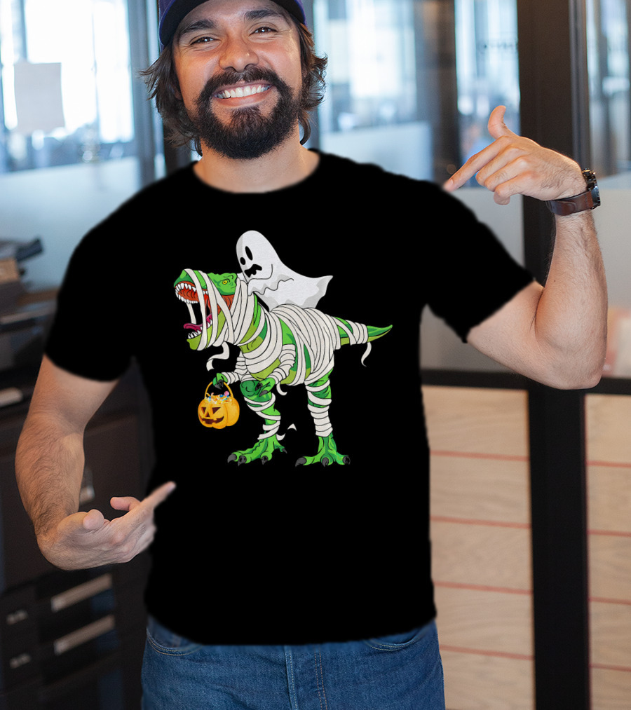 Ghost Mummy Riding T-Rex Trick Or Treat T-Shirt