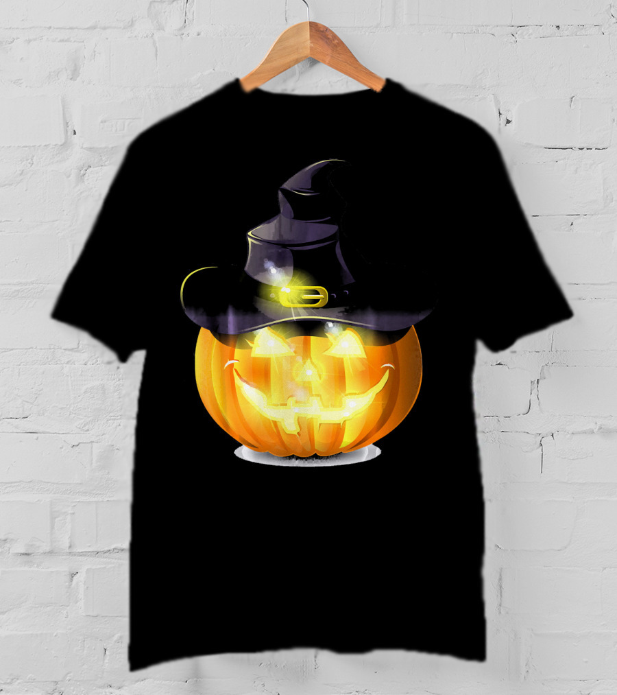 Halloween Horror Pumpkin Witch Hat Glowing Face T-Shirt