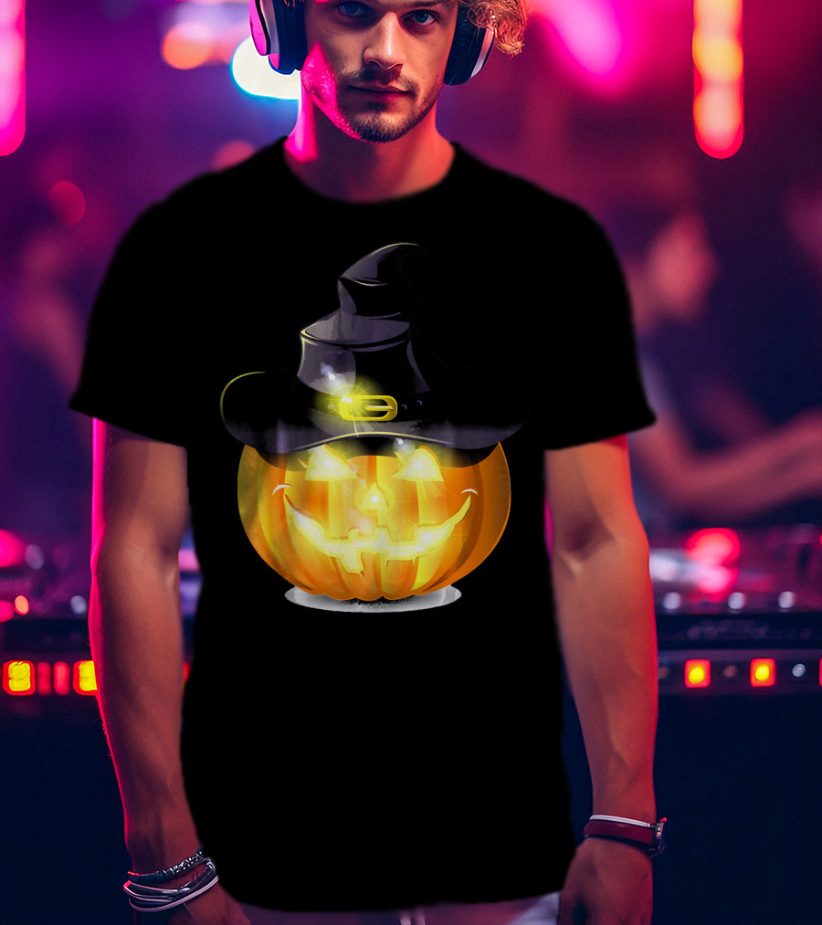 Halloween Horror Pumpkin Witch Hat Glowing Face T-Shirt