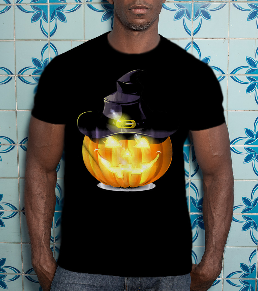 Halloween Horror Pumpkin Witch Hat Glowing Face T-Shirt
