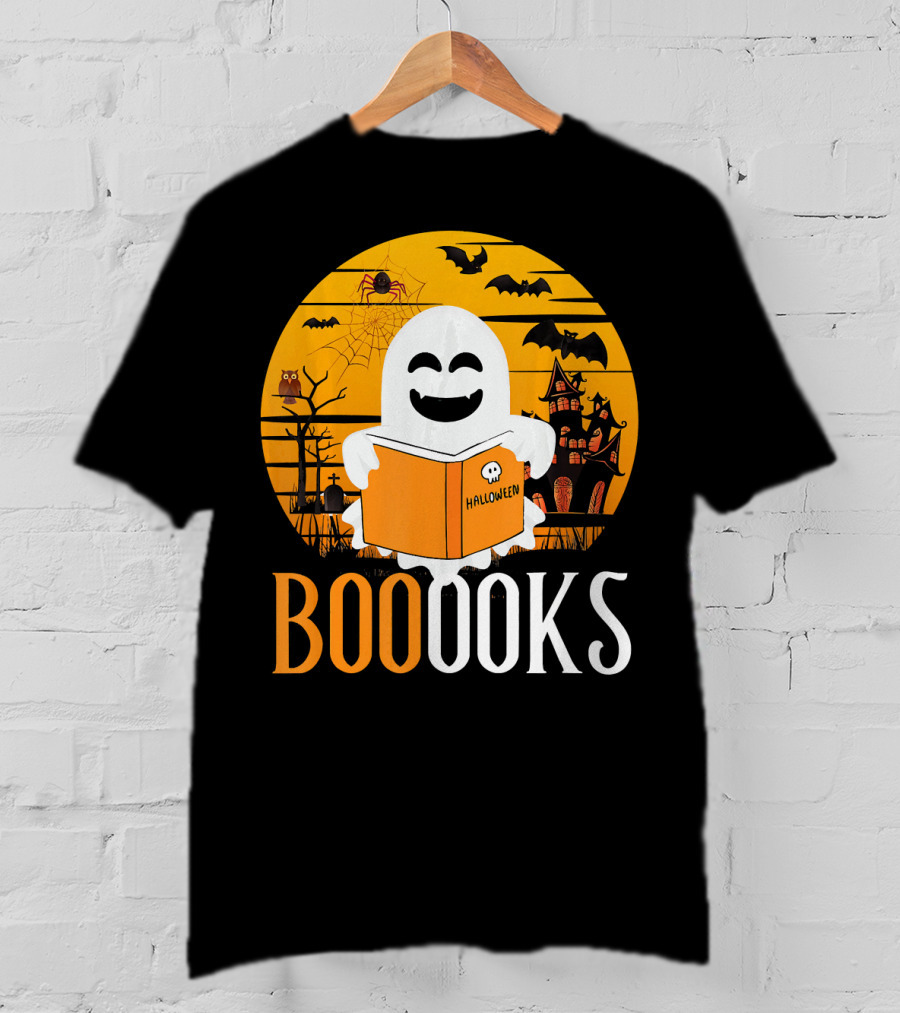 Halloween Ghost Reading Booooks In Spooky Setting With Funny Teacher T-Shirt