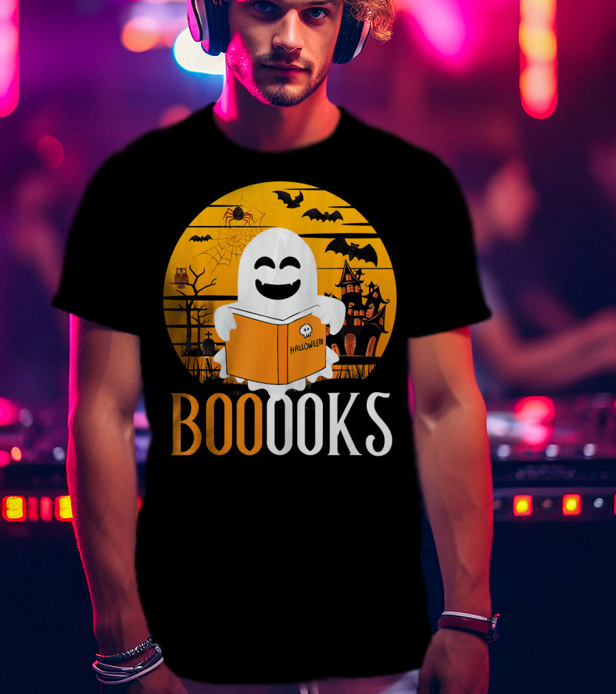 Halloween Ghost Reading Booooks In Spooky Setting With Funny Teacher T-Shirt
