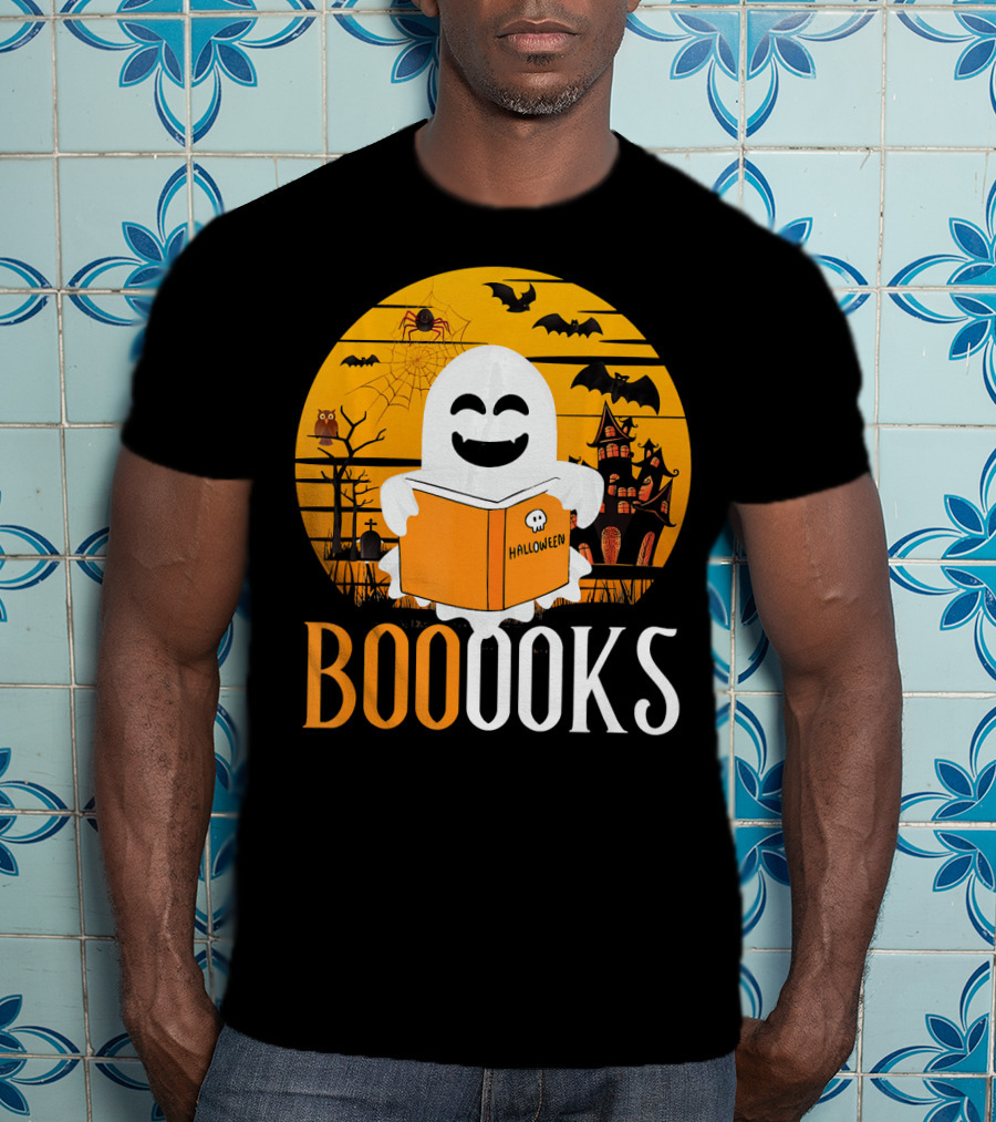 Halloween Ghost Reading Booooks In Spooky Setting With Funny Teacher T-Shirt