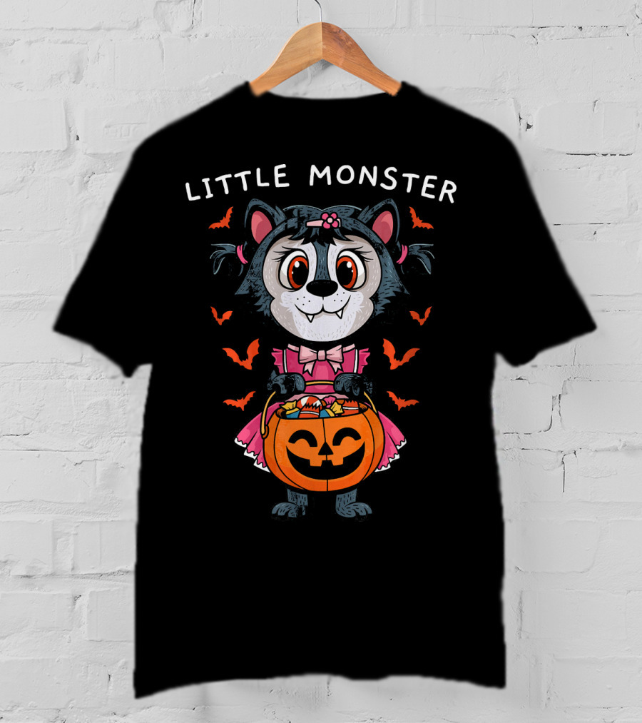 Little Monster Halloween Werewolf With Pumpkin Candy T-Shirt