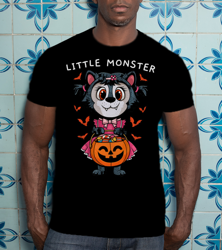 Little Monster Halloween Werewolf With Pumpkin Candy T-Shirt