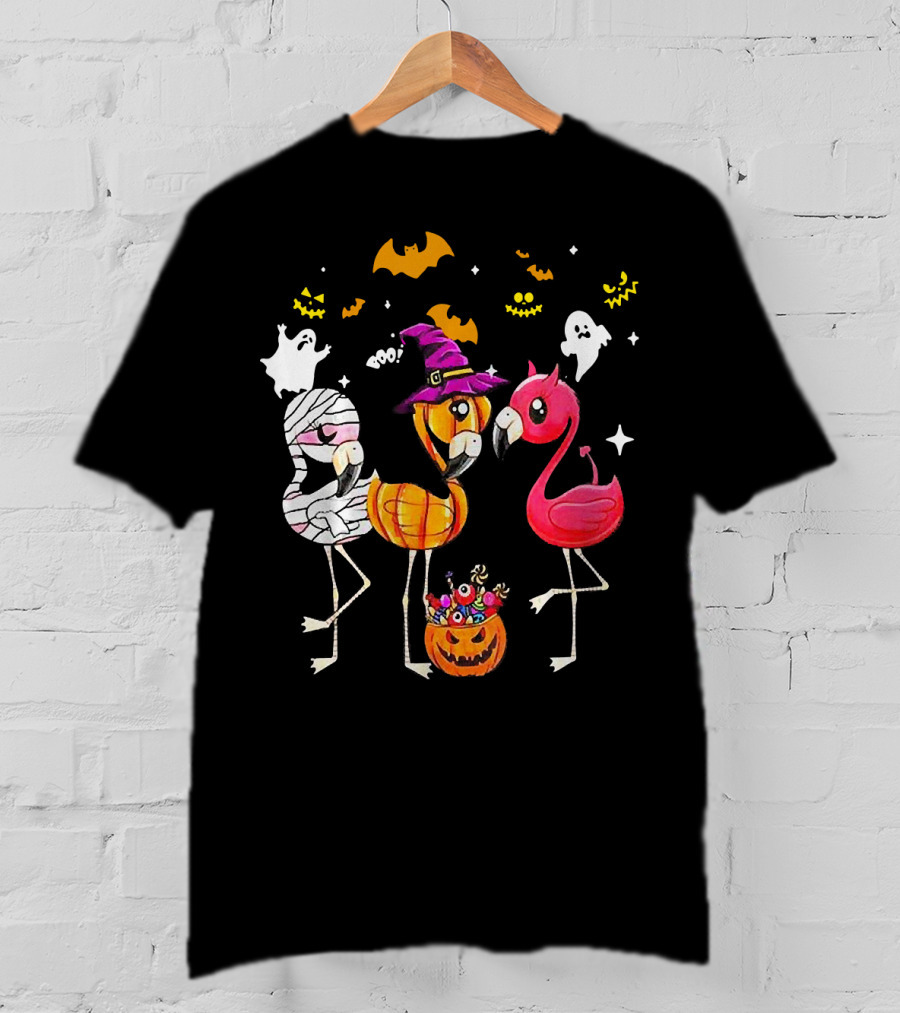 Flamingo Halloween Candy Witch Ghost Bats Pumpkin T-Shirt