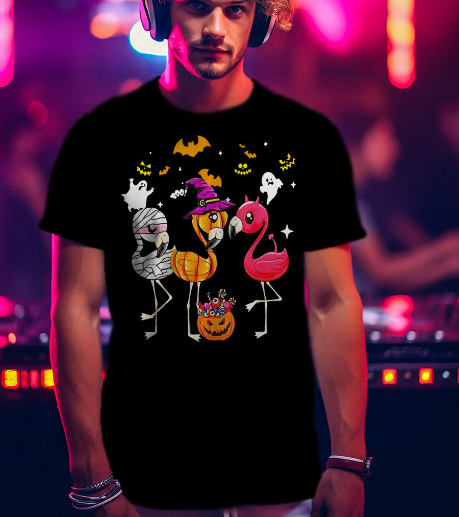 Flamingo Halloween Candy Witch Ghost Bats Pumpkin T-Shirt