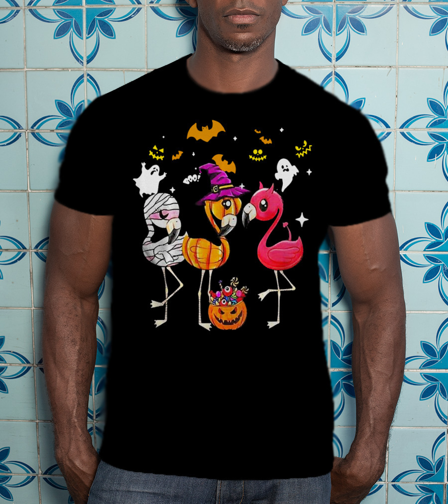 Flamingo Halloween Candy Witch Ghost Bats Pumpkin T-Shirt
