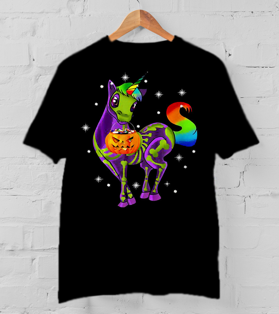 Unicorn Skeleton Pumpkin Rainbow Halloween Magic T-Shirt