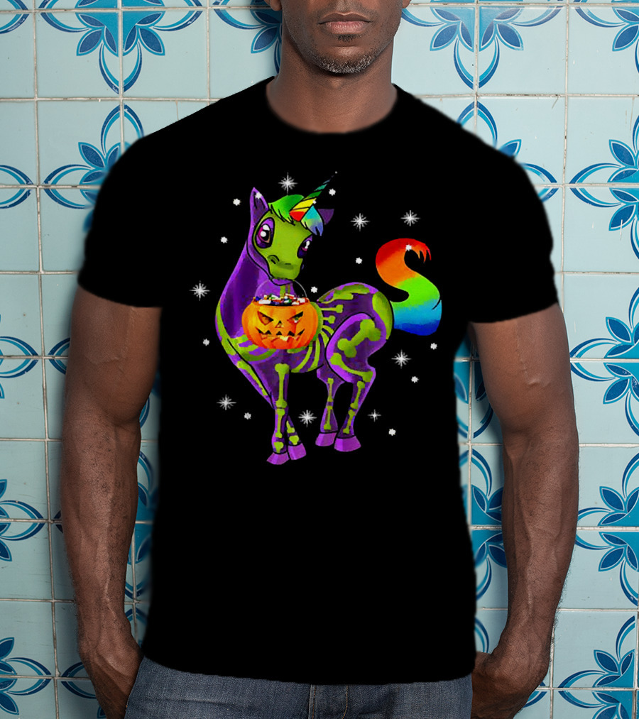 Unicorn Skeleton Pumpkin Rainbow Halloween Magic T-Shirt