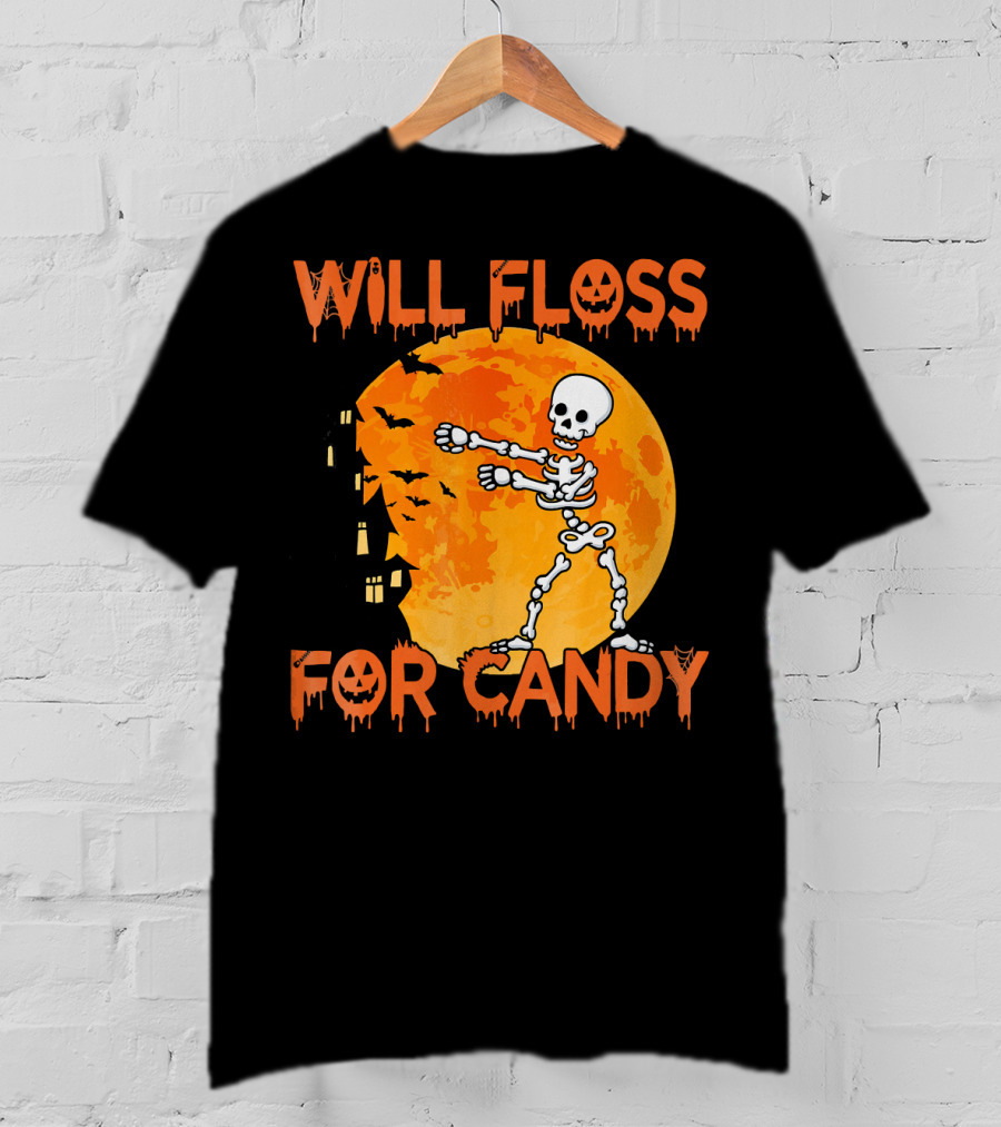 Will Floss For Candy Dancing Skeleton Halloween Moon Bats T-Shirt