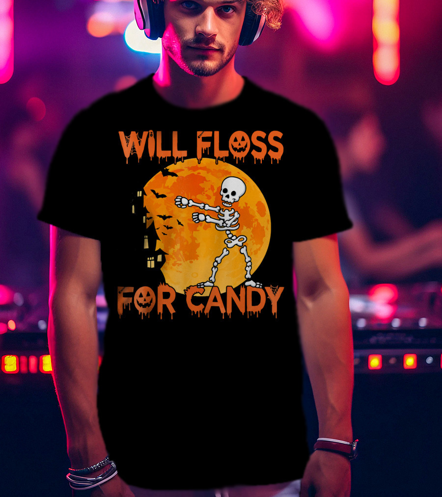 Will Floss For Candy Dancing Skeleton Halloween Moon Bats T-Shirt