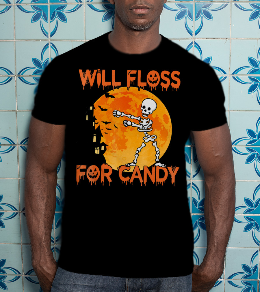 Will Floss For Candy Dancing Skeleton Halloween Moon Bats T-Shirt