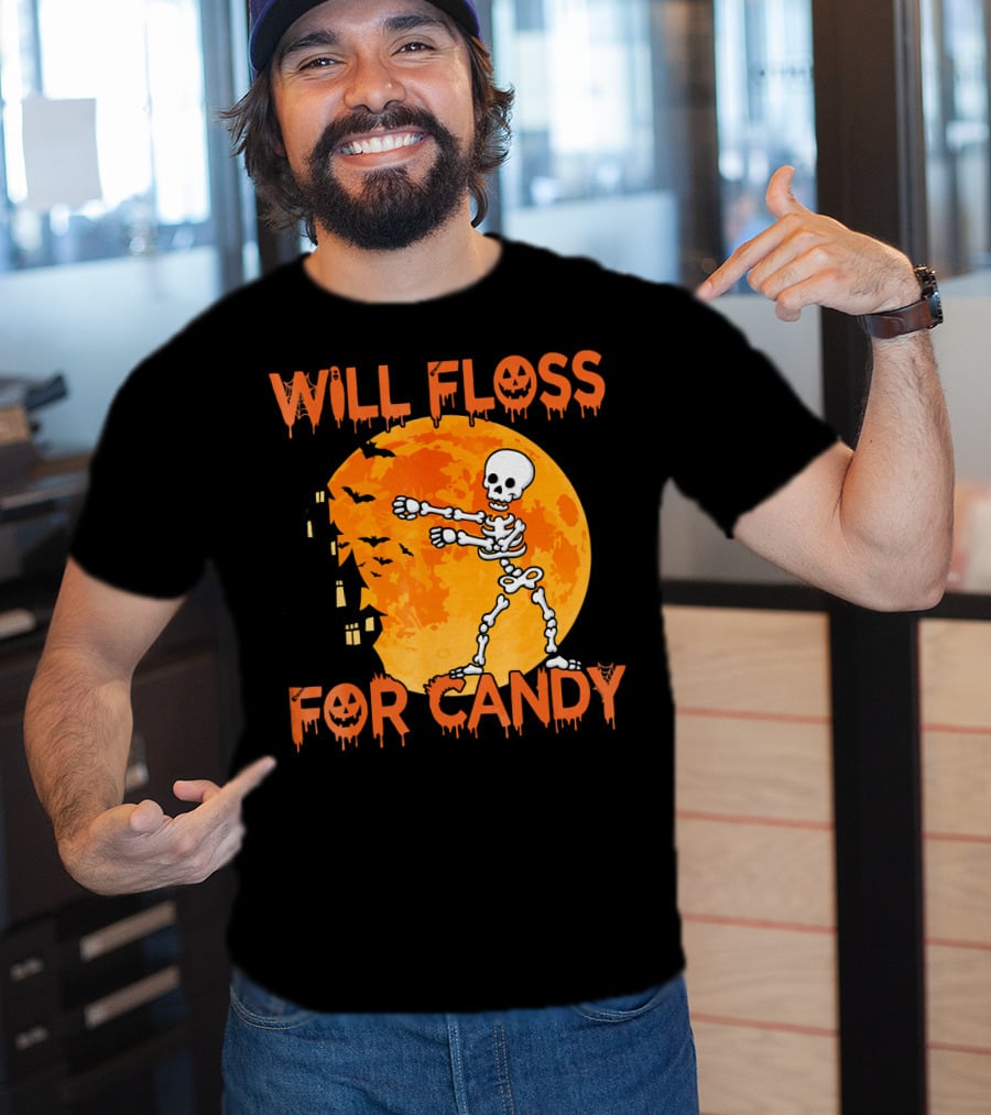 Will Floss For Candy Dancing Skeleton Halloween Moon Bats T-Shirt