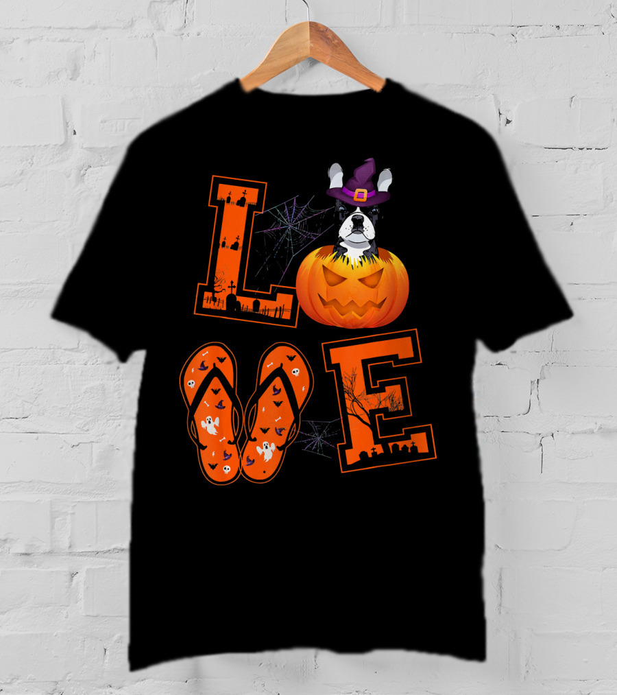 LOVE French Bulldog Pumpkin Halloween Ghosts Spider Webs T-Shirt