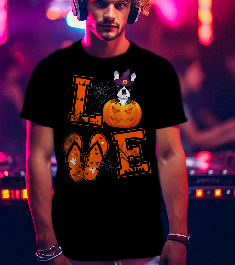 LOVE French Bulldog Pumpkin Halloween Ghosts Spider Webs T-Shirt