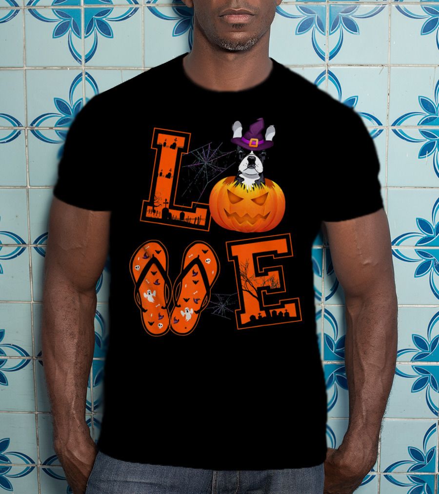 LOVE French Bulldog Pumpkin Halloween Ghosts Spider Webs T-Shirt