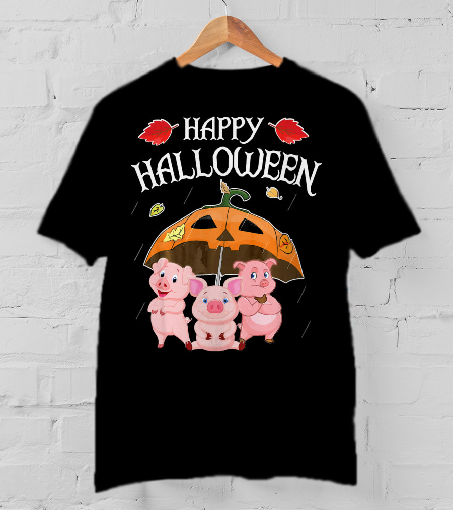 Happy Halloween Pigs Under Jack-o'-Lantern Umbrella T-Shirt
