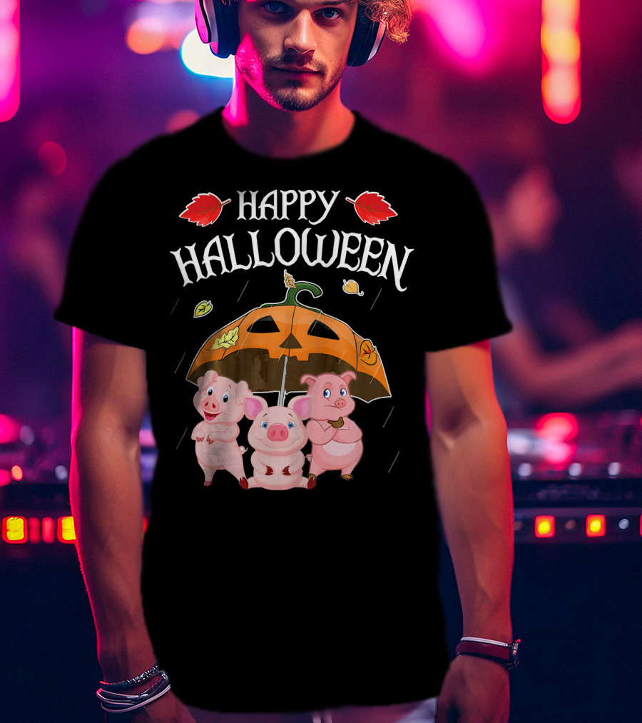 Happy Halloween Pigs Under Jack-o'-Lantern Umbrella T-Shirt