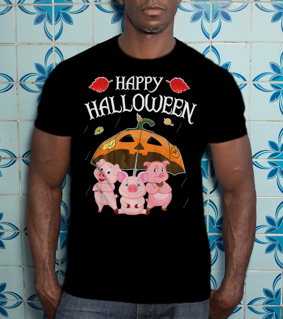 Happy Halloween Pigs Under Jack-o'-Lantern Umbrella T-Shirt
