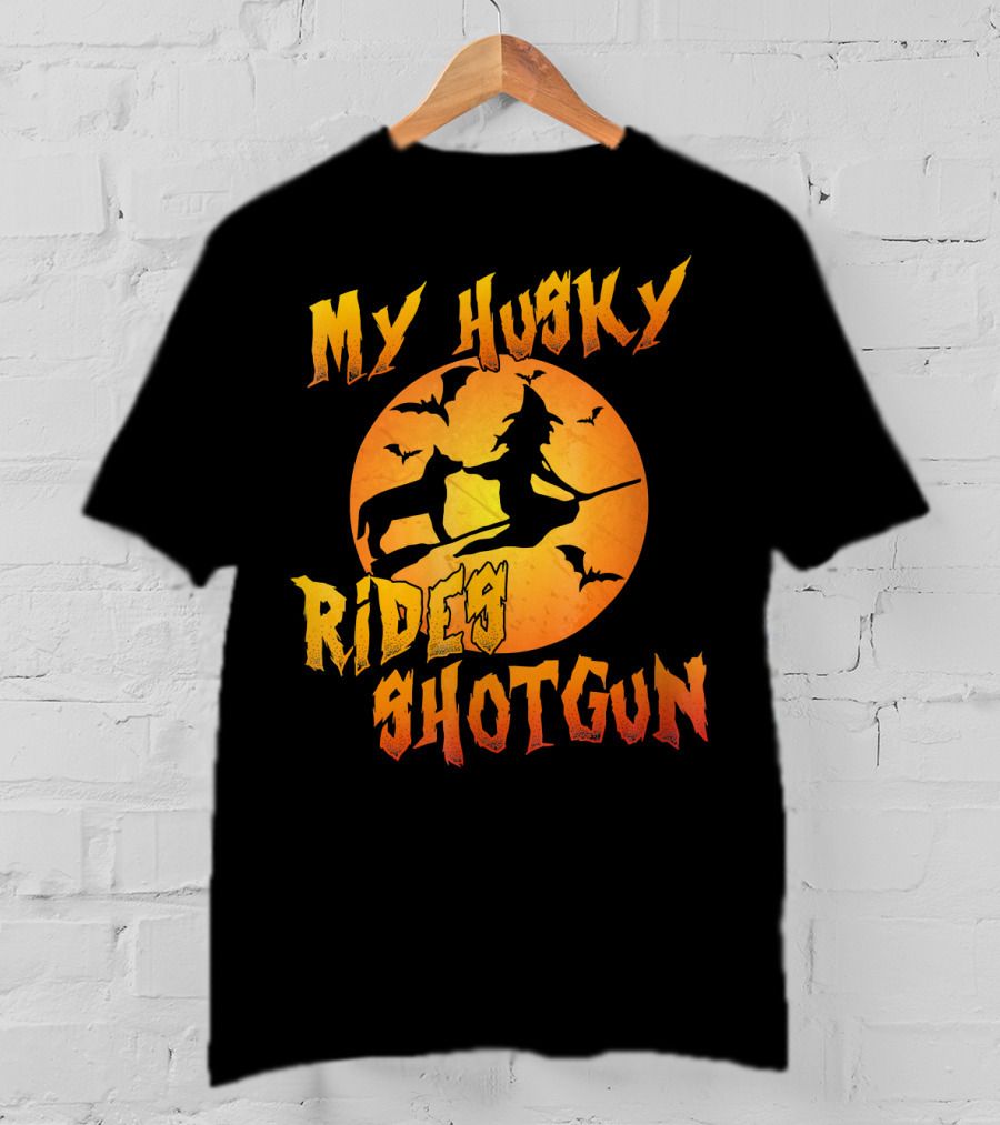 My Husky Rides Shotgun Halloween Witch Moon Bats T-Shirt