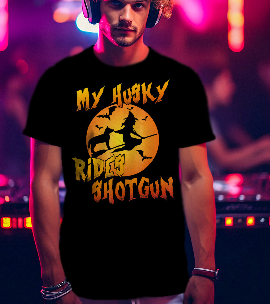 My Husky Rides Shotgun Halloween Witch Moon Bats T-Shirt