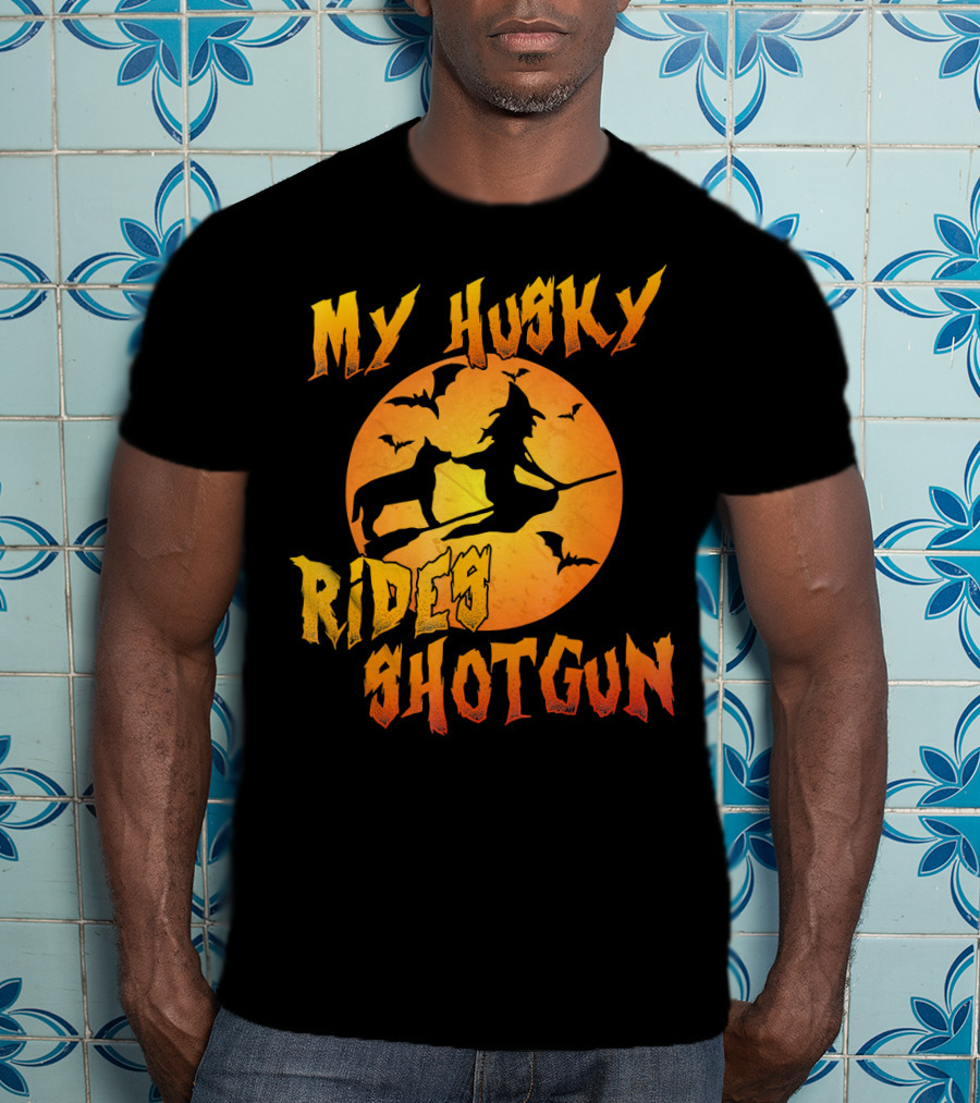 My Husky Rides Shotgun Halloween Witch Moon Bats T-Shirt