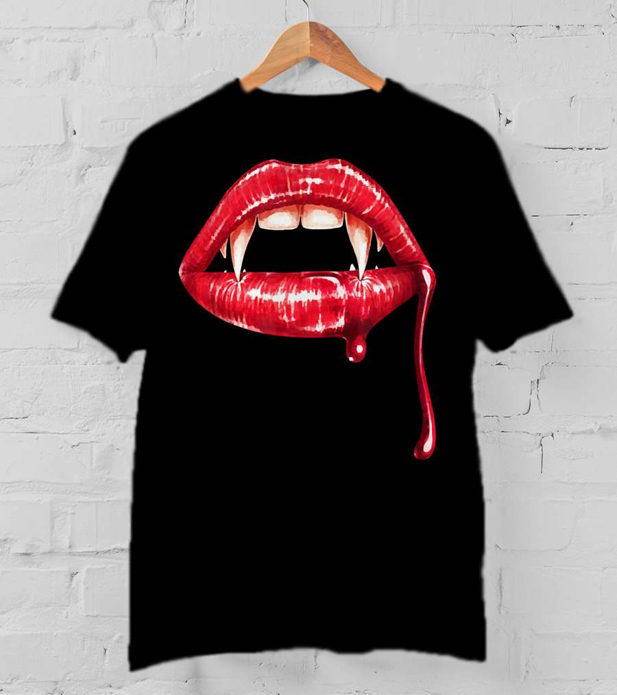 Awesome Vampire Fangs Lips With Blood Dripping Dracula T-Shirt