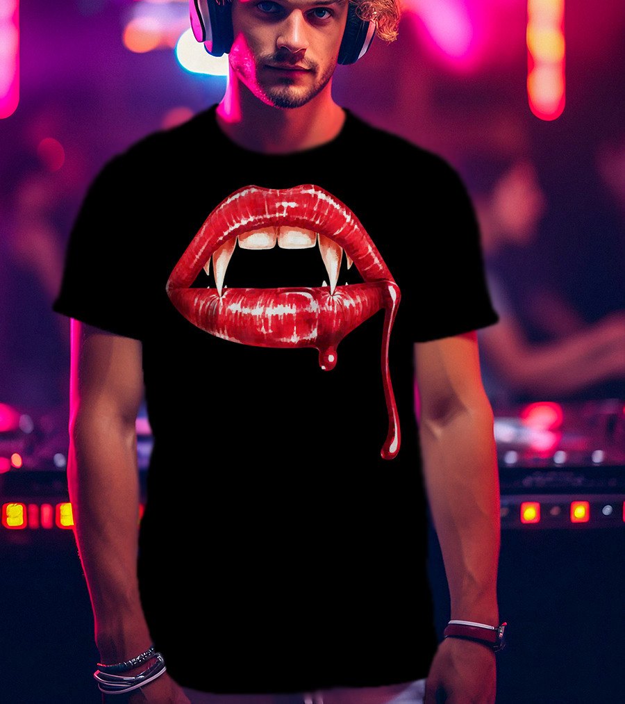 Awesome Vampire Fangs Lips With Blood Dripping Dracula T-Shirt