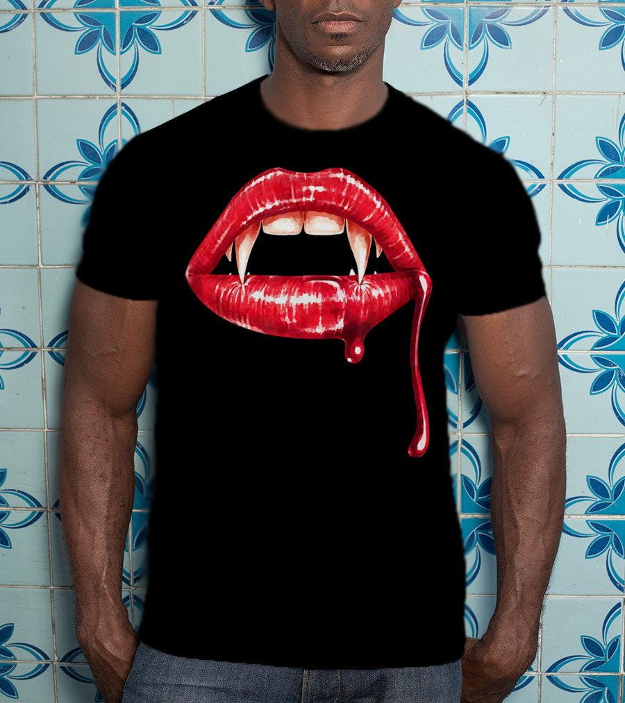 Awesome Vampire Fangs Lips With Blood Dripping Dracula T-Shirt