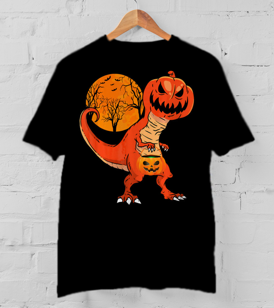 Funny Halloween Dinosaur Pumpkin Head Tree Shadow T-Shirt