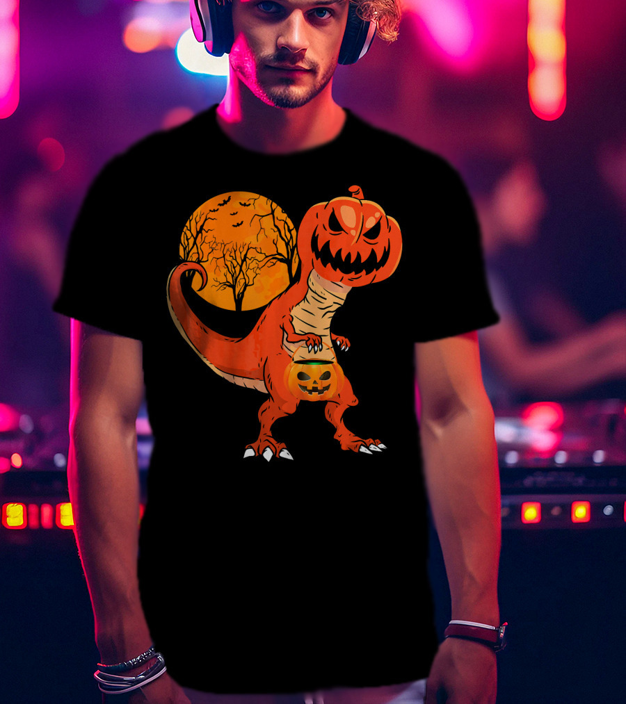 Funny Halloween Dinosaur Pumpkin Head Tree Shadow T-Shirt