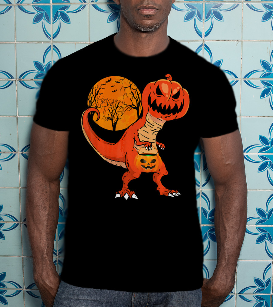 Funny Halloween Dinosaur Pumpkin Head Tree Shadow T-Shirt