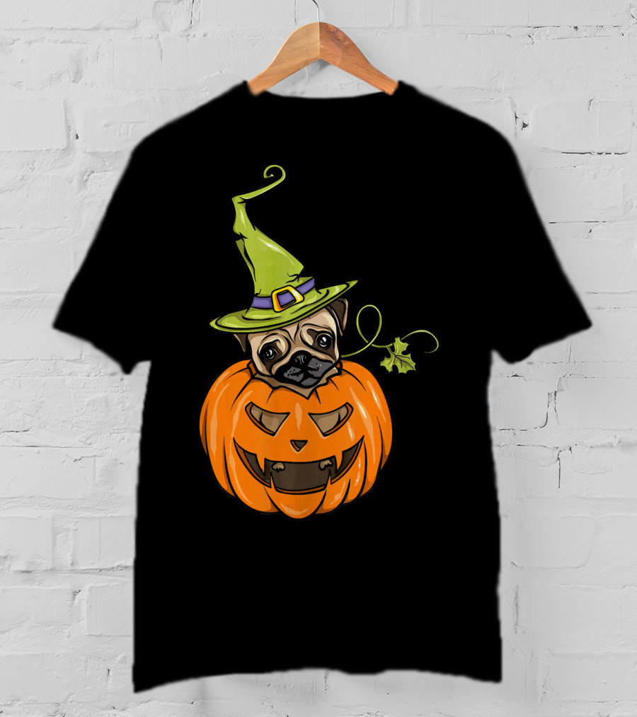 Pumpkin Pug Witch Halloween Costume Women T-Shirt