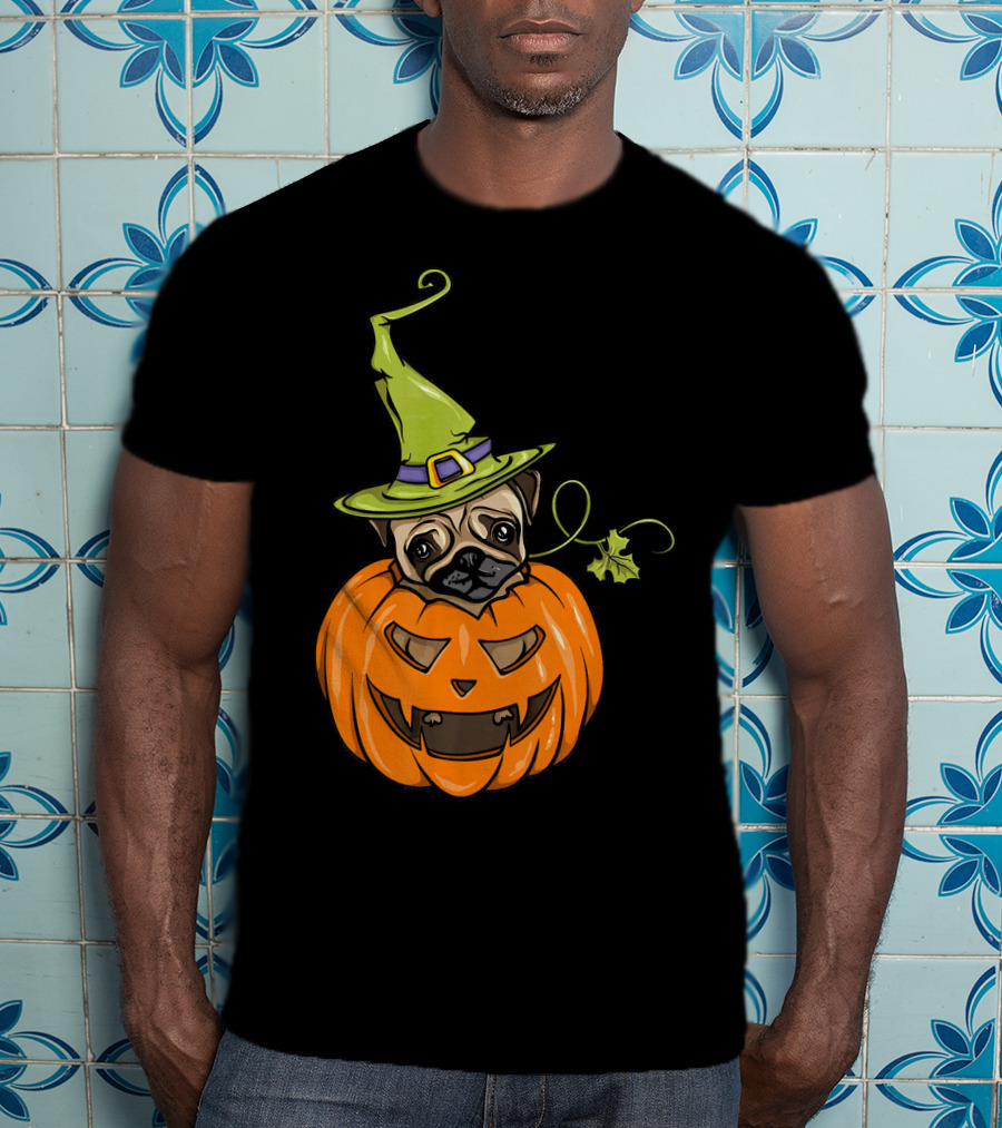 Pumpkin Pug Witch Halloween Costume Women T-Shirt