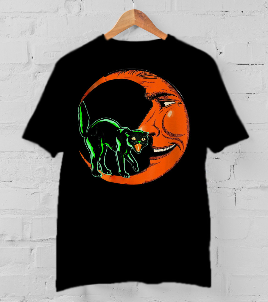 Vintage Halloween Beistle Cat On Crescent Moon T-Shirt