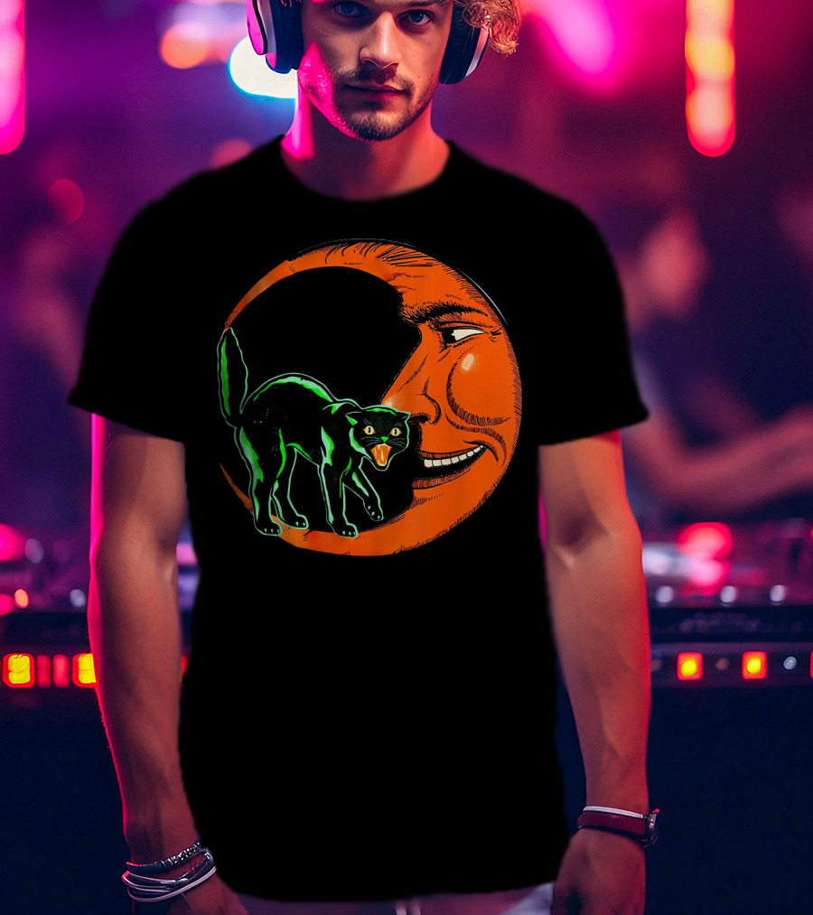 Vintage Halloween Beistle Cat On Crescent Moon T-Shirt