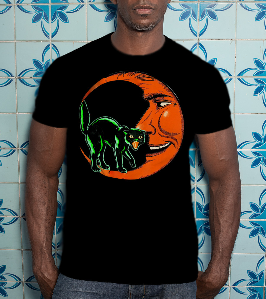 Vintage Halloween Beistle Cat On Crescent Moon T-Shirt