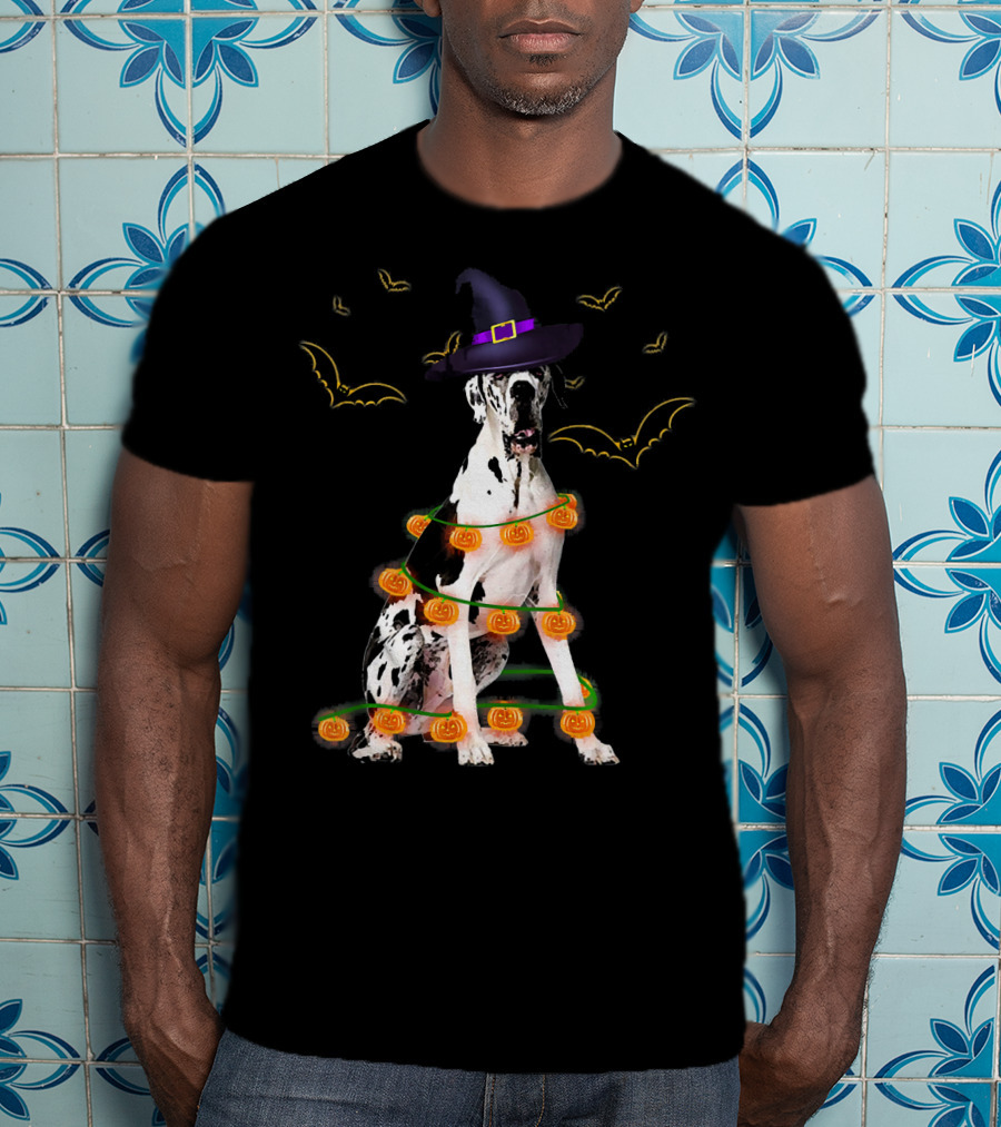 Halloween Great Dane Dog With Witch Hat And Pumpkin Lights Surrounded By Bats T-Shirt