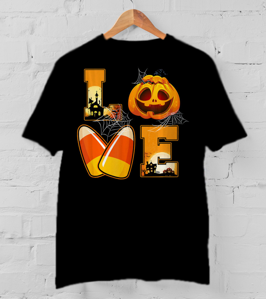 Love Candy Corn Pumpkin Halloween Spiderwebs T-Shirt