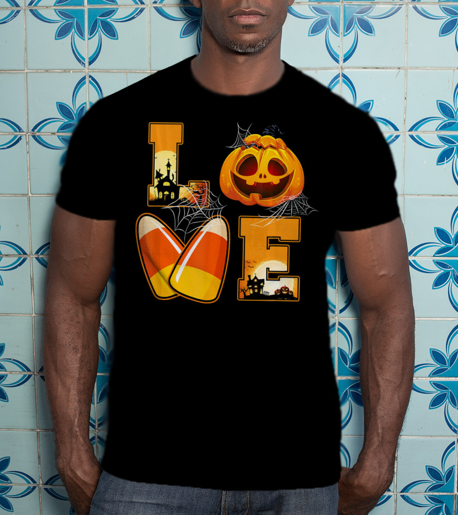 Love Candy Corn Pumpkin Halloween Spiderwebs T-Shirt