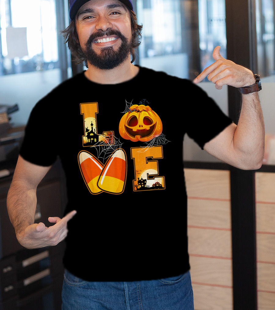 Love Candy Corn Pumpkin Halloween Spiderwebs T-Shirt