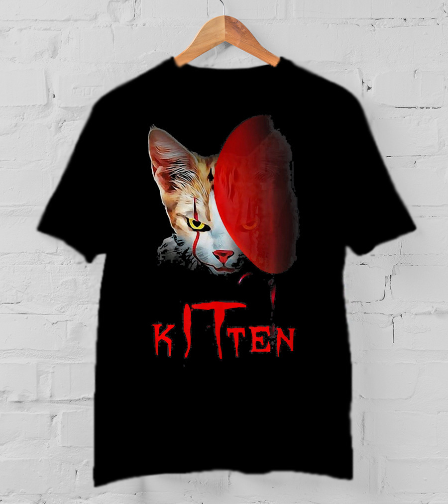 Kitten Cat Halloween Clown Red Balloon Horror T-Shirt