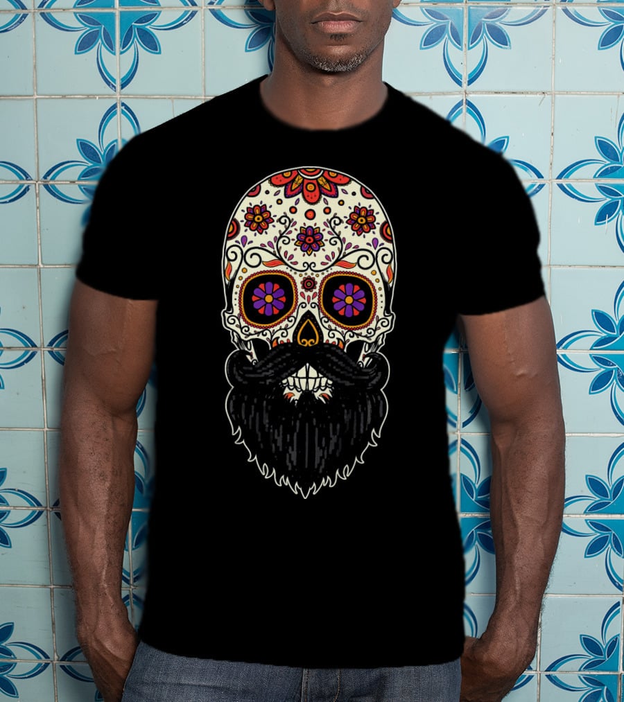 Beard Sugar Skull Floral Pattern Día De Los Muertos T-Shirt